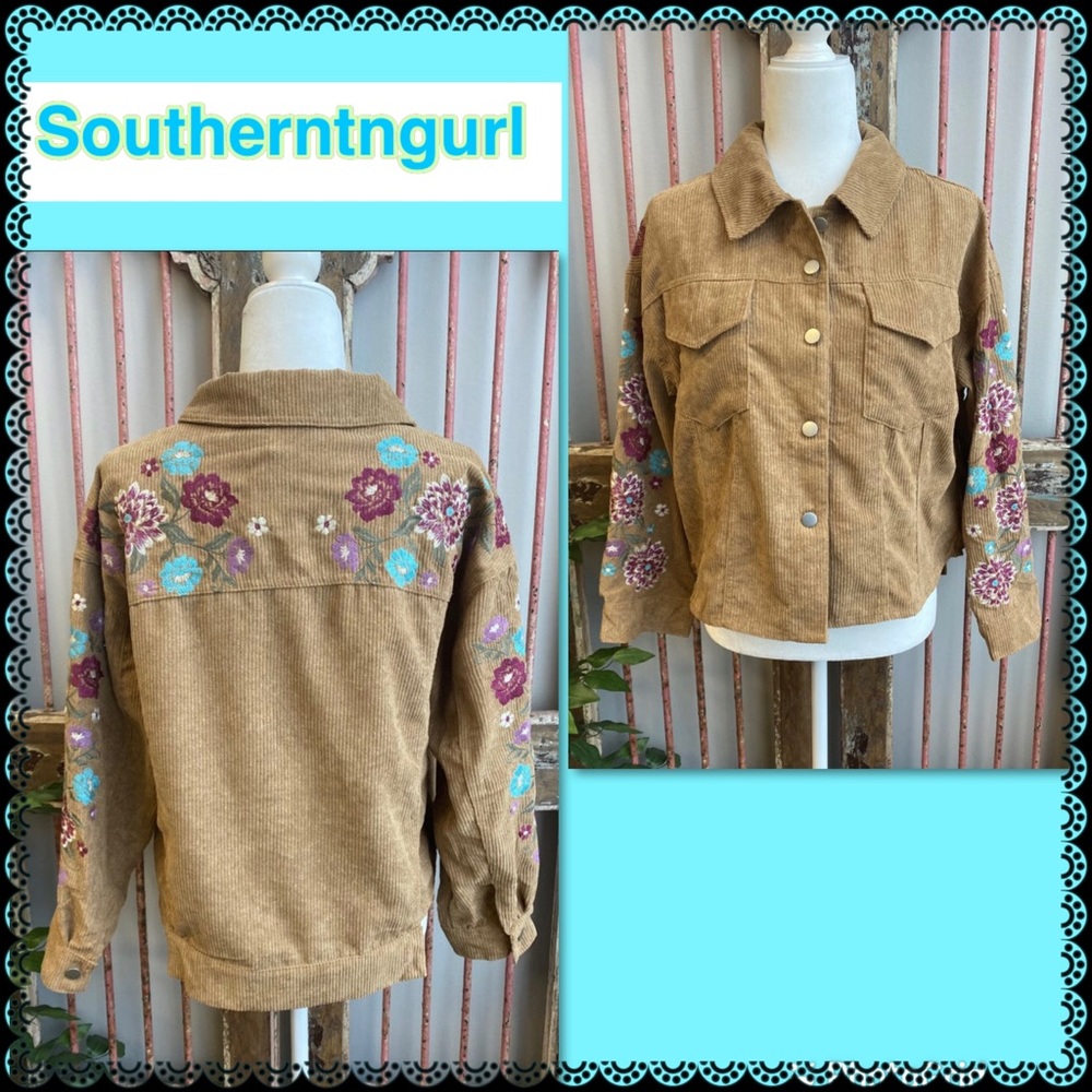 NWT SAVANNA JANE Floral Embroidered High/ Low Corduroy Shacket / Jacket